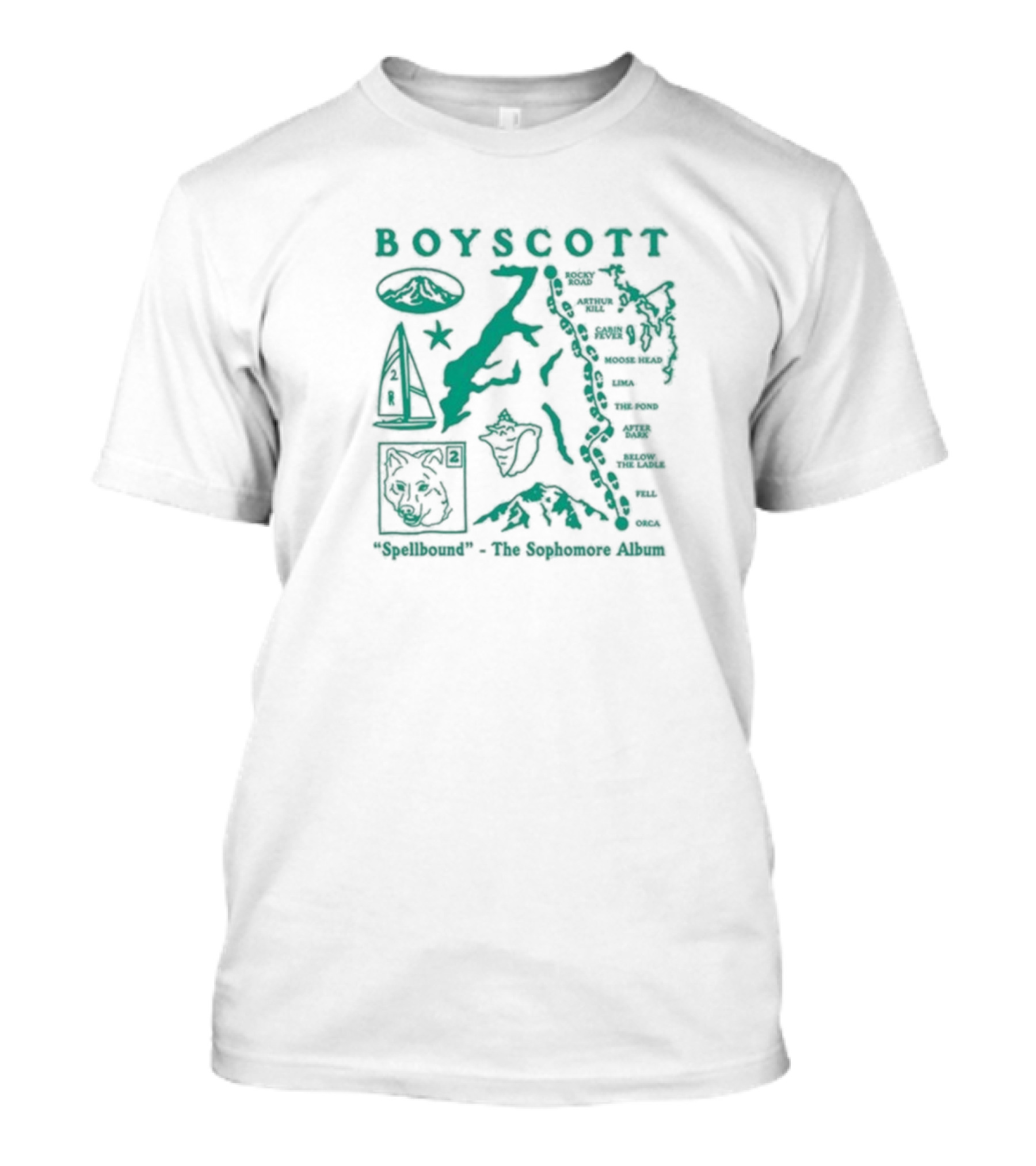 Boyscott Spellbound The Sophomore Album Map Theme With Wolf, Mountain, Boat, And Locations T-Shirt