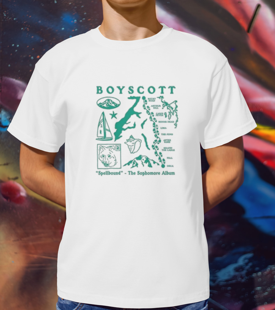 Boyscott Spellbound The Sophomore Album Map Theme With Wolf, Mountain, Boat, And Locations T-Shirt