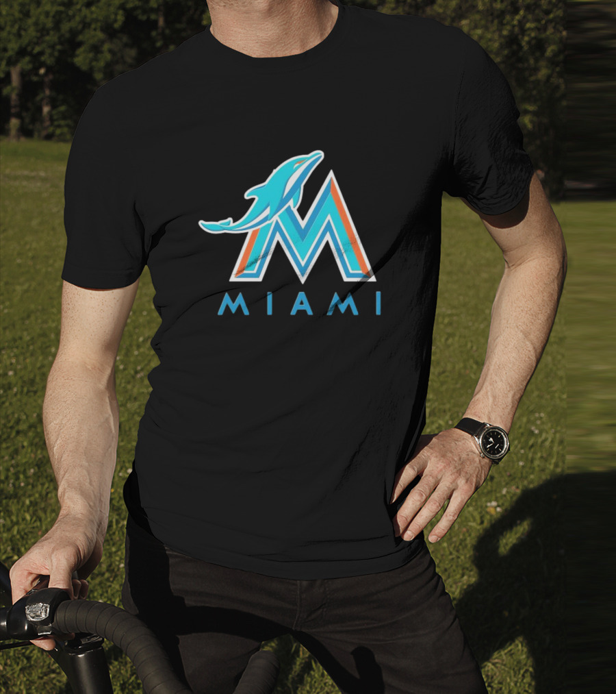 NFL X MLB Miami Dolphins X Miami Marlins M Logo Mashup Miami T-Shirt