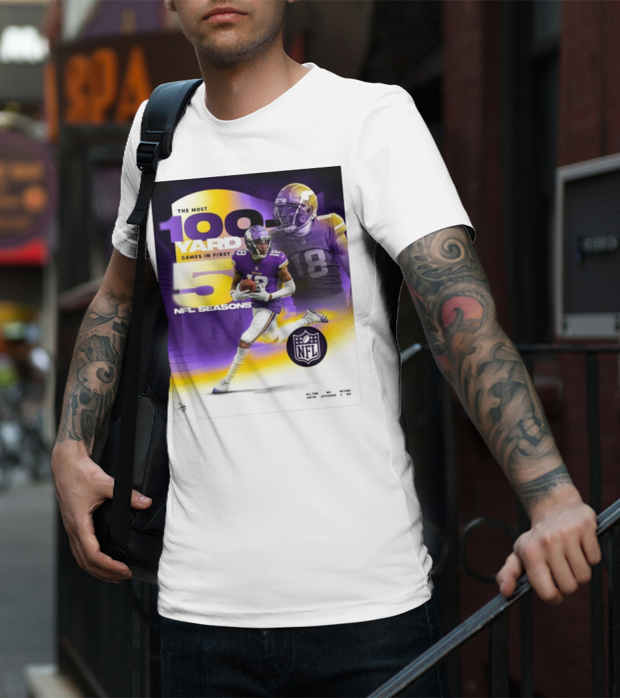The Most 100 Yard Games In First 5 NFL Seasons Minnesota Vikings Justin Jefferson T-Shirt