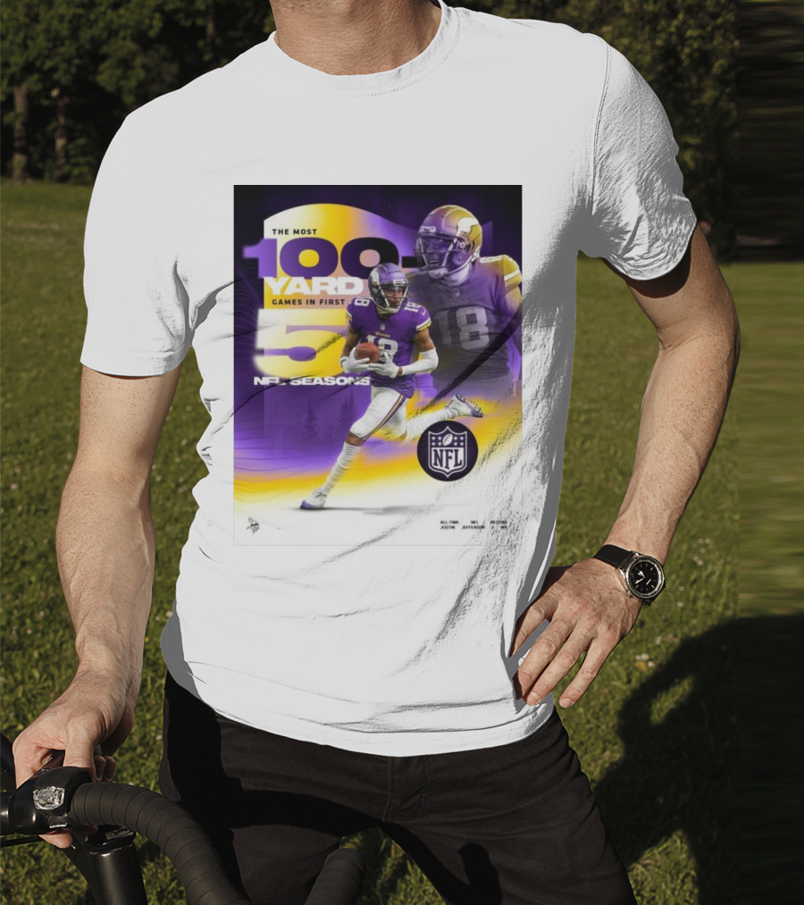 The Most 100 Yard Games In First 5 NFL Seasons Minnesota Vikings Justin Jefferson T-Shirt