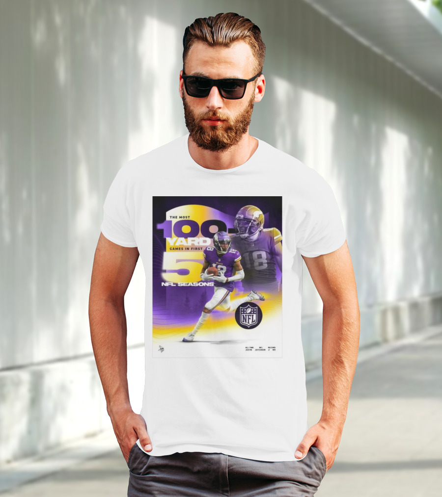 The Most 100 Yard Games In First 5 NFL Seasons Minnesota Vikings Justin Jefferson T-Shirt