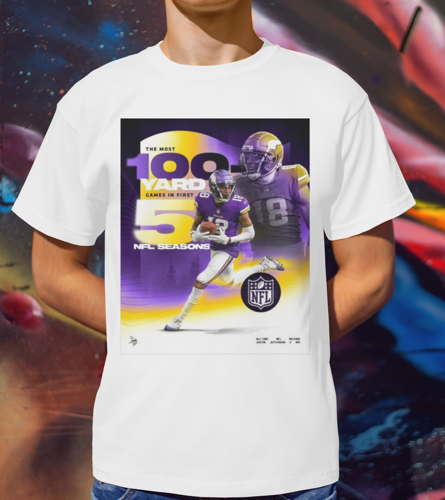 The Most 100 Yard Games In First 5 NFL Seasons Minnesota Vikings Justin Jefferson T-Shirt