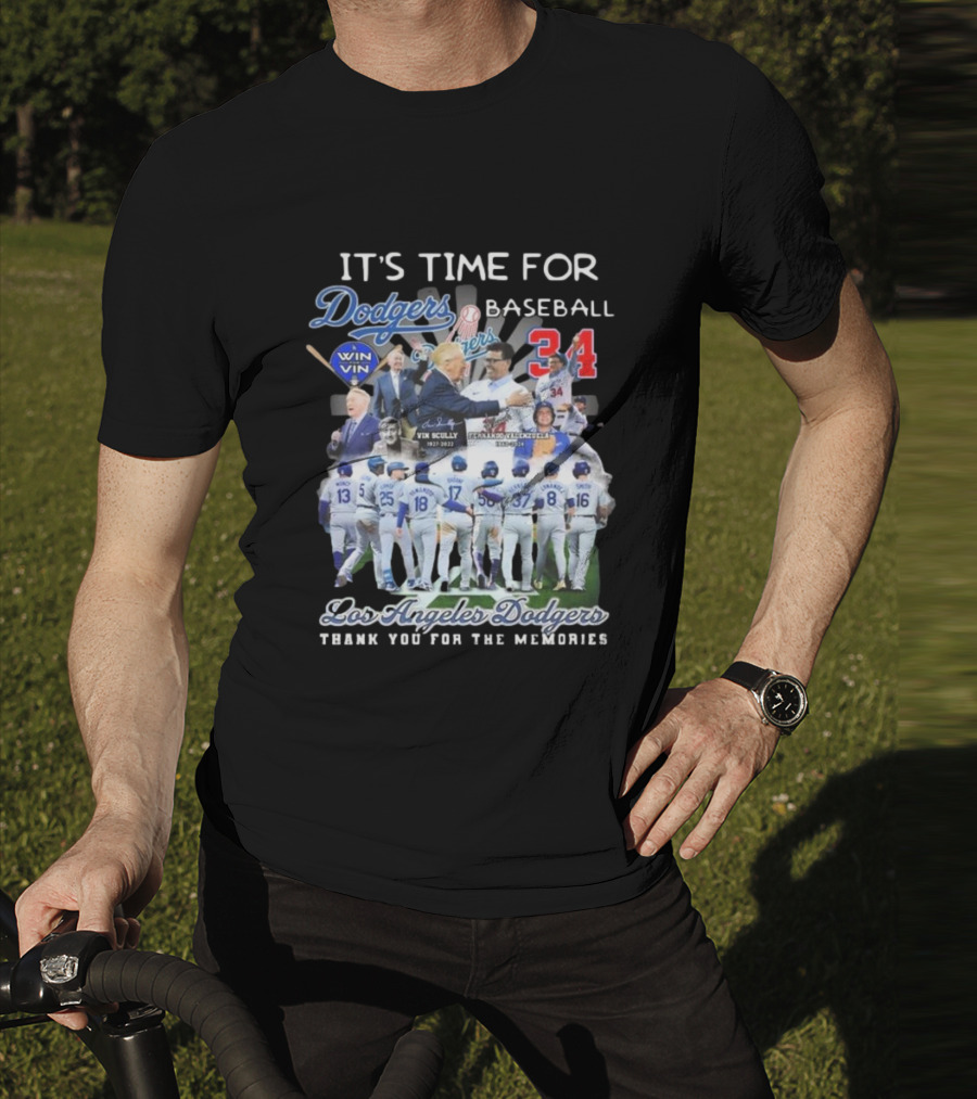 Los Angeles Dodgers It's Time For Baseball Thank You For The Memories Vin Scully 34 Signatures T-Shirt