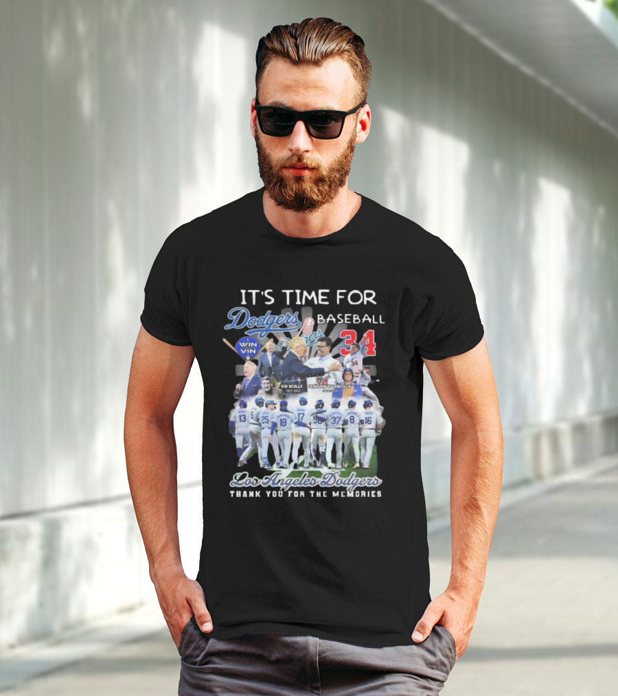Los Angeles Dodgers It's Time For Baseball Thank You For The Memories Vin Scully 34 Signatures T-Shirt