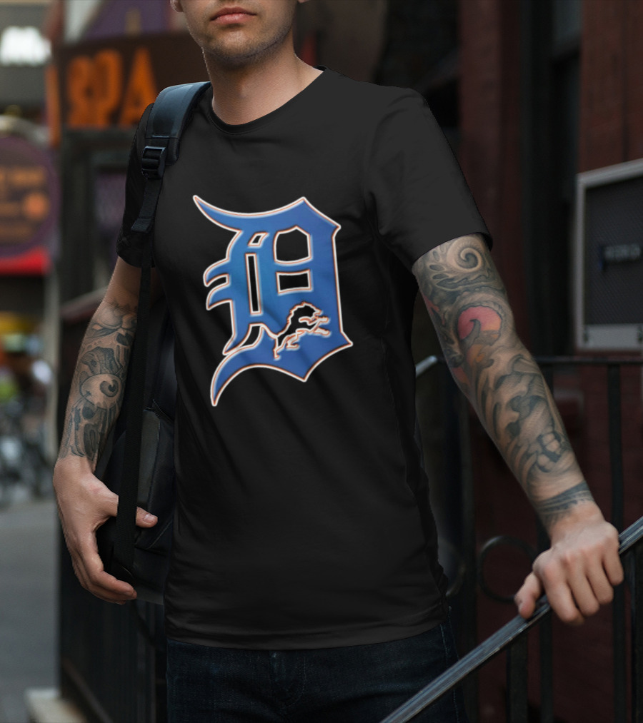 Detroit Lions Tigers Logo Mashup NFL MLB Blue D T-Shirt