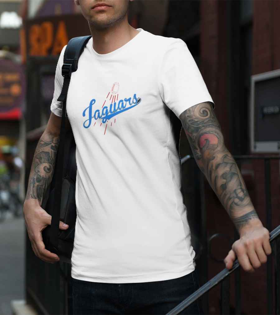 Jacksonville Jaguars Los Angeles Dodgers Crossover Jaguars Script With Football T-Shirt