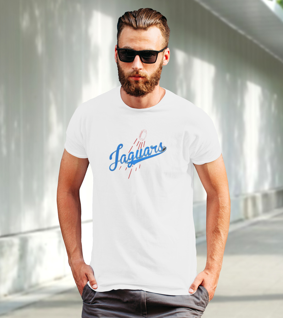 Jacksonville Jaguars Los Angeles Dodgers Crossover Jaguars Script With Football T-Shirt