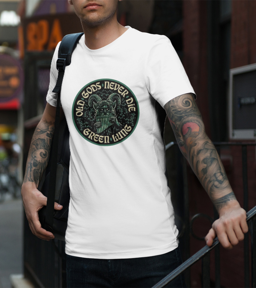 Green Lung Old Gods Never Die Pagan Horned Creature Playing Pan Flute T-Shirt