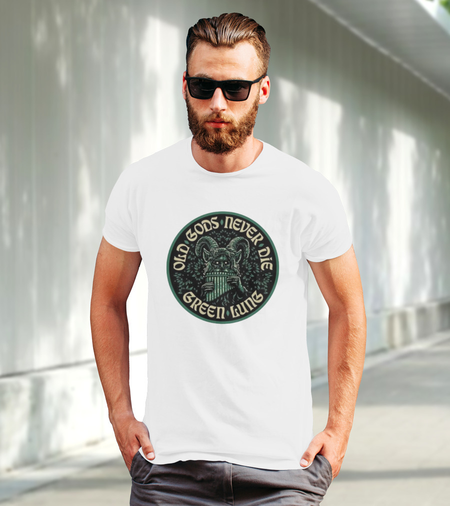 Green Lung Old Gods Never Die Pagan Horned Creature Playing Pan Flute T-Shirt