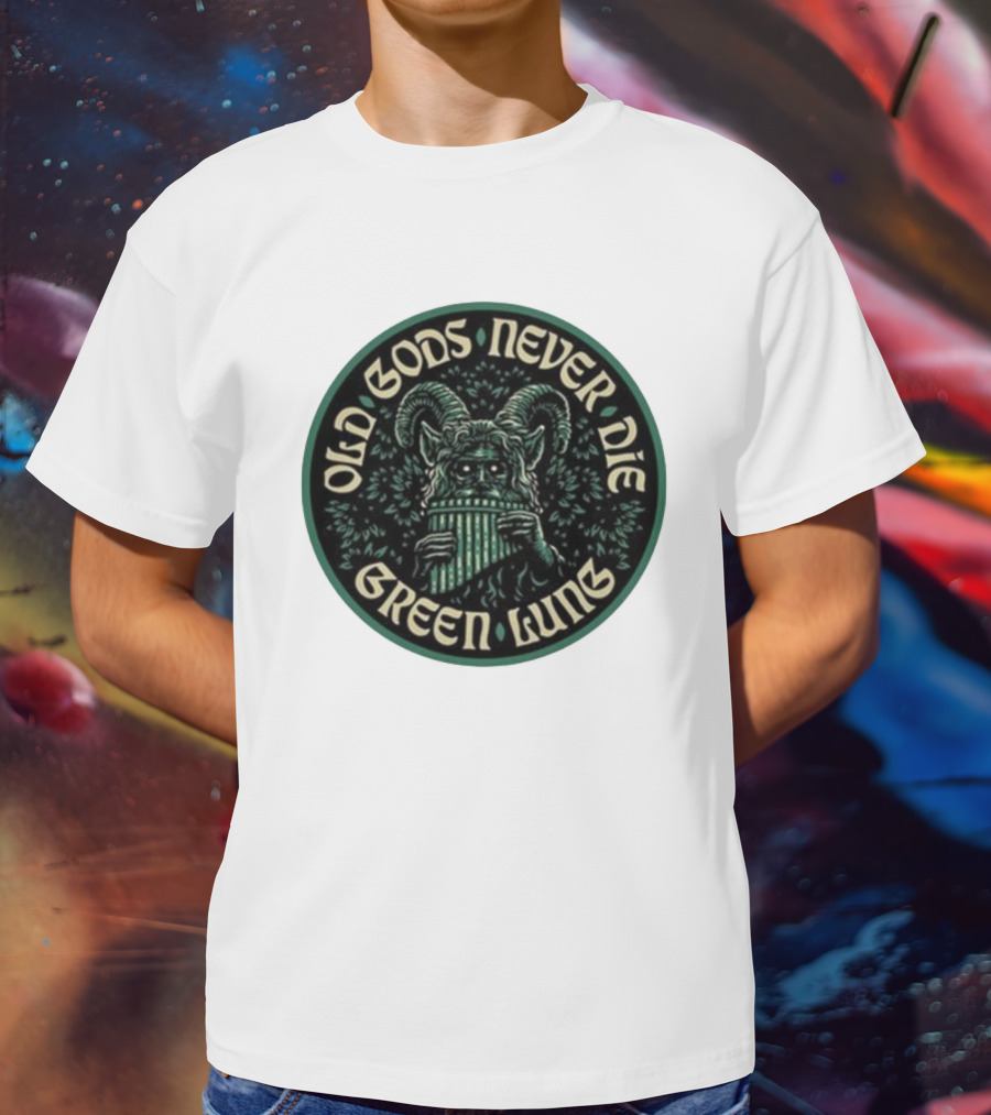 Green Lung Old Gods Never Die Pagan Horned Creature Playing Pan Flute T-Shirt