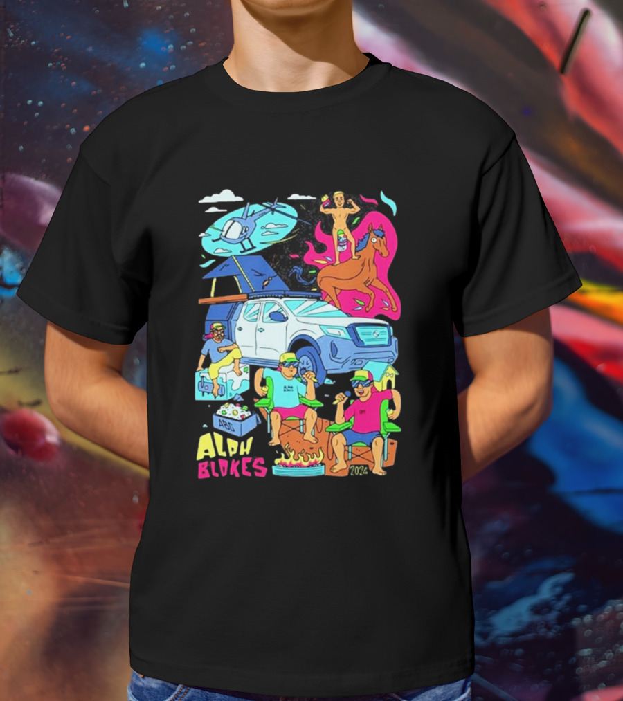 Alpha Blokes Podcast Cartoon Adventure Helicopter Beer Camping Fire T-Shirt