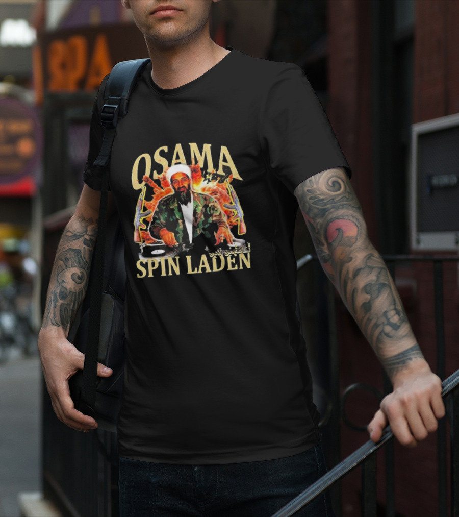 Osama Spin Laden DJ Guns Arabic Text T-Shirt