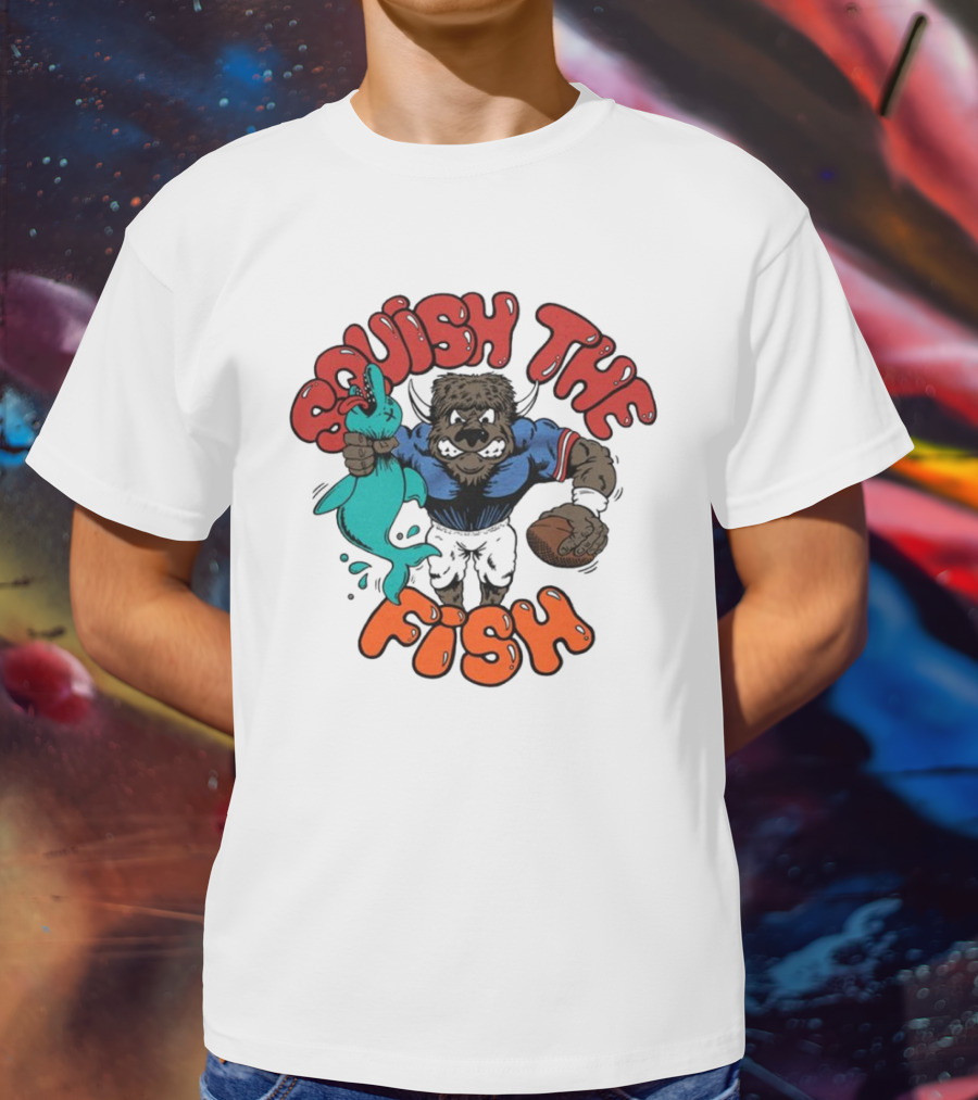 Buffalo Bills NFL Squish The Fish Vintage Rivalry Graphic Featuring Cartoon Football Player And Fish T-Shirt