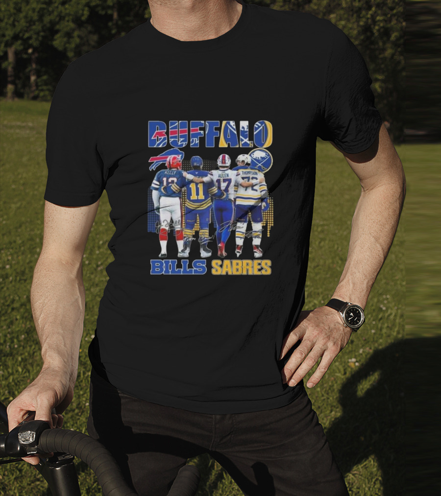 Buffalo Bills Sabres Josh Allen Jim Kelly Gilbert Perreault Tage Thompson Signatures T-Shirt