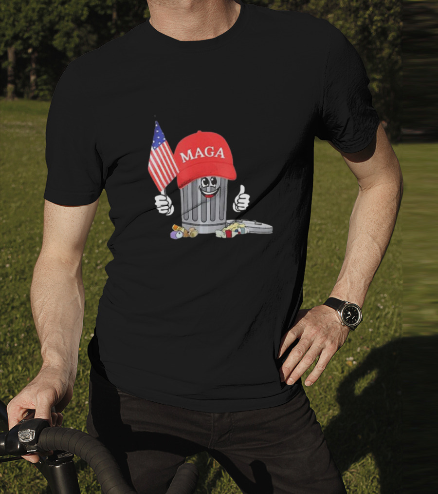 MAGA Hat Wearing Garbage Can Giving Thumbs Up Holding American Flag T-Shirt