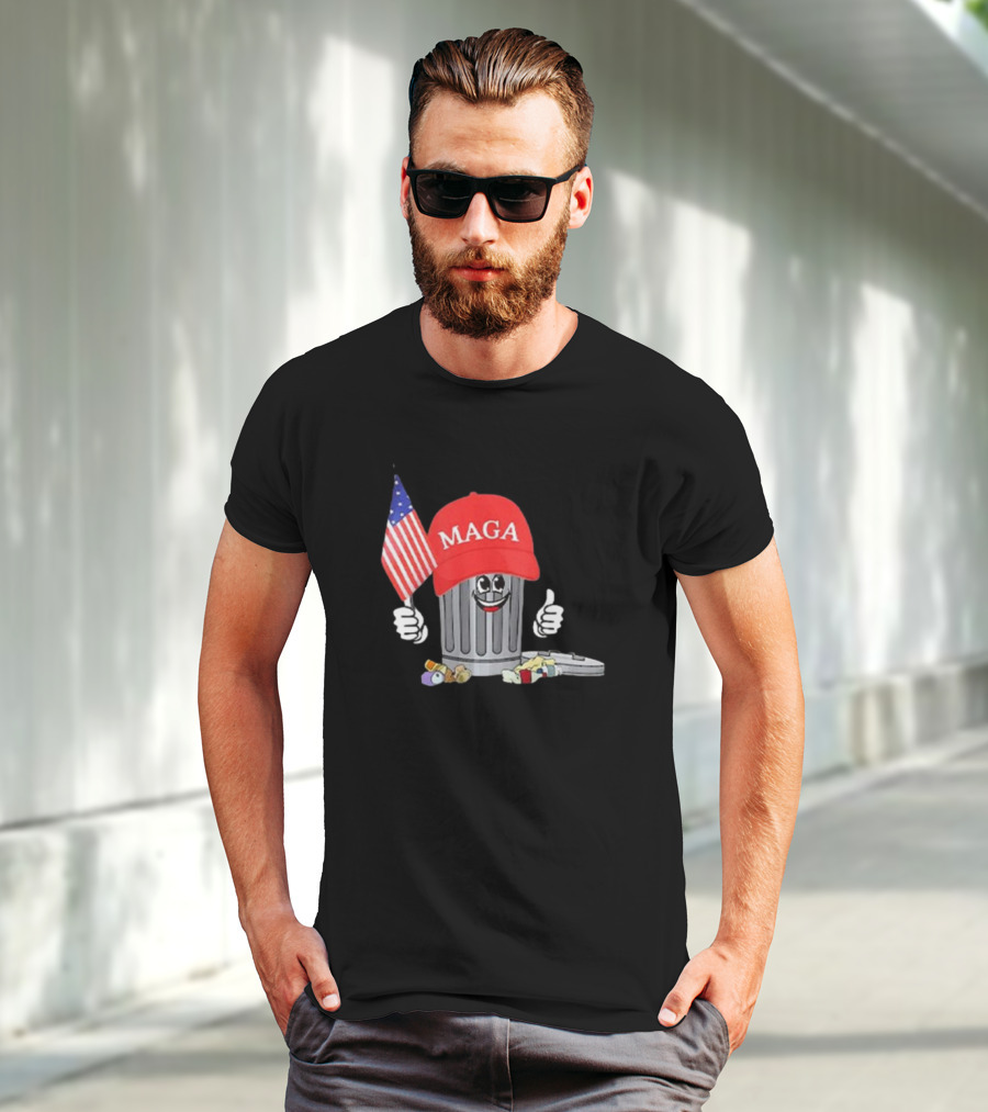 MAGA Hat Wearing Garbage Can Giving Thumbs Up Holding American Flag T-Shirt
