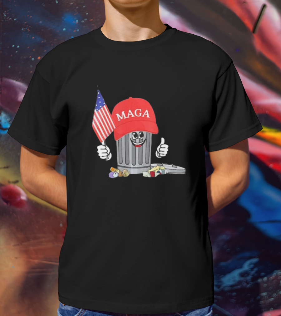 MAGA Hat Wearing Garbage Can Giving Thumbs Up Holding American Flag T-Shirt