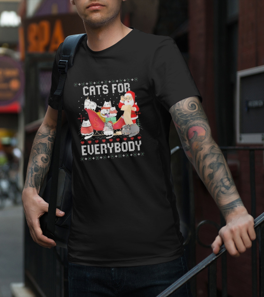 Cats For Everybody Christmas Ugly Cute Cat Lover Santa Sleigh Pullover T-Shirt