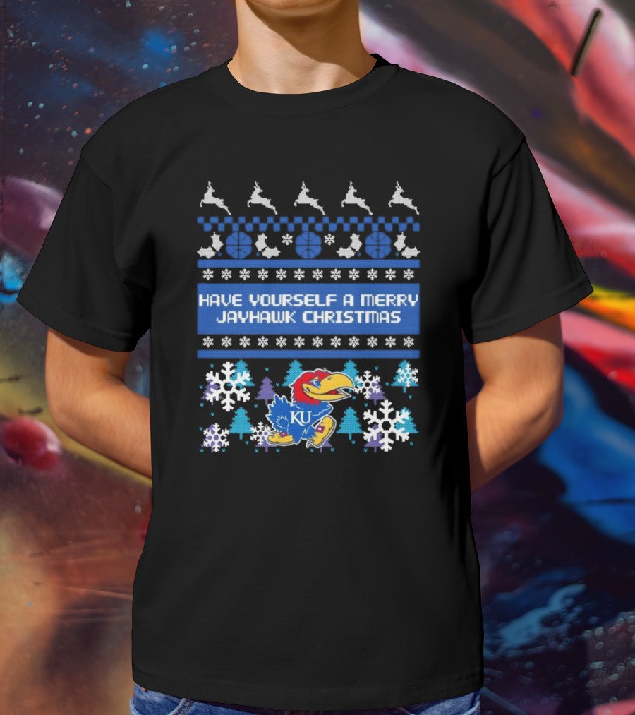 Kansas Jayhawk Have Yourself A Merry Jayhawk Christmas KU Snowflakes Basketball Reindeer T-Shirt