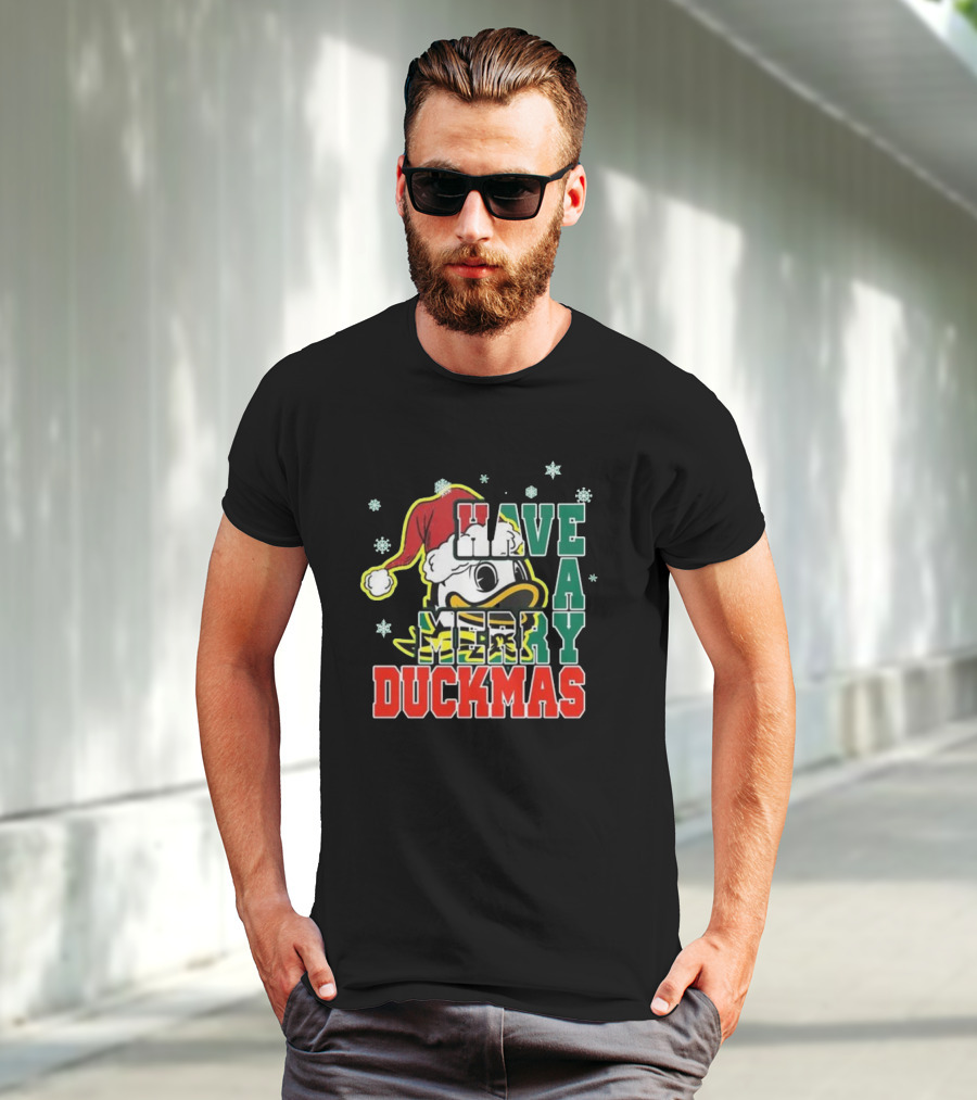 Oregon Ducks Have A Merry Duckmas Santa Hat Logo Snowflakes T-Shirt
