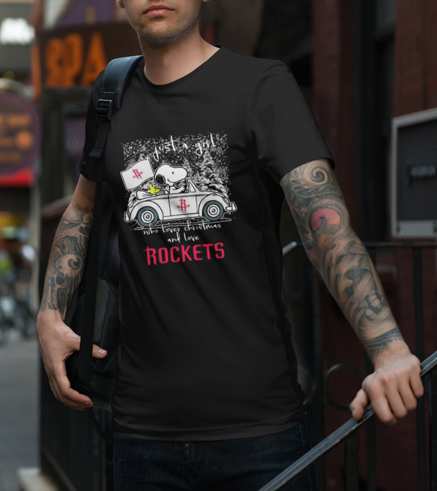Just A Girl Who Loves Christmas And Houston Rockets Snoopy Woodstock Peanuts NBA T-Shirt