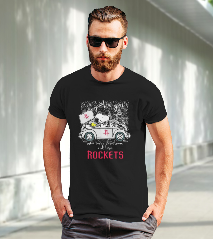 Just A Girl Who Loves Christmas And Houston Rockets Snoopy Woodstock Peanuts NBA T-Shirt