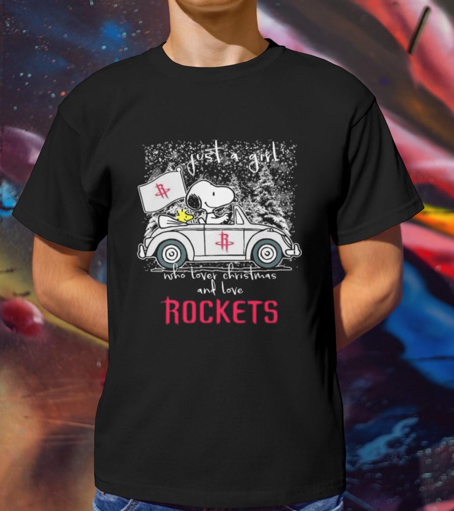 Just A Girl Who Loves Christmas And Houston Rockets Snoopy Woodstock Peanuts NBA T-Shirt