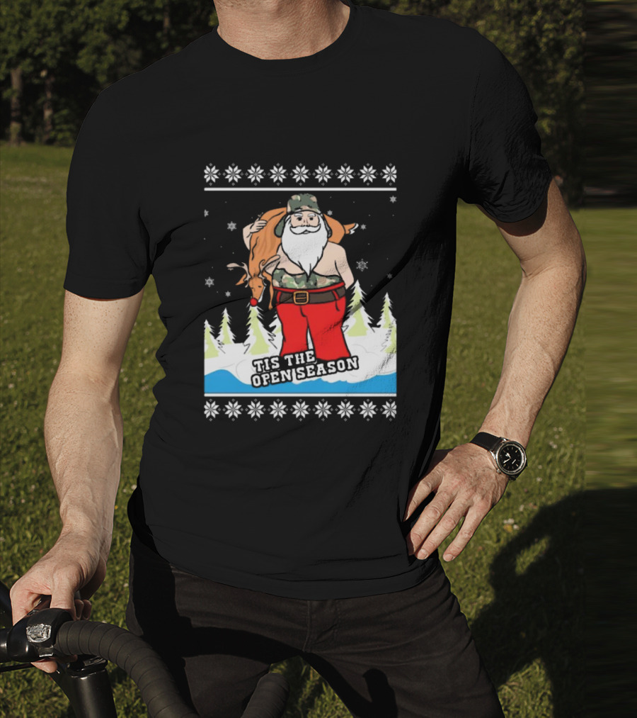 Hunting Santa Tis The Open Season Camouflage Ugly Christmas Sweaters T-Shirt
