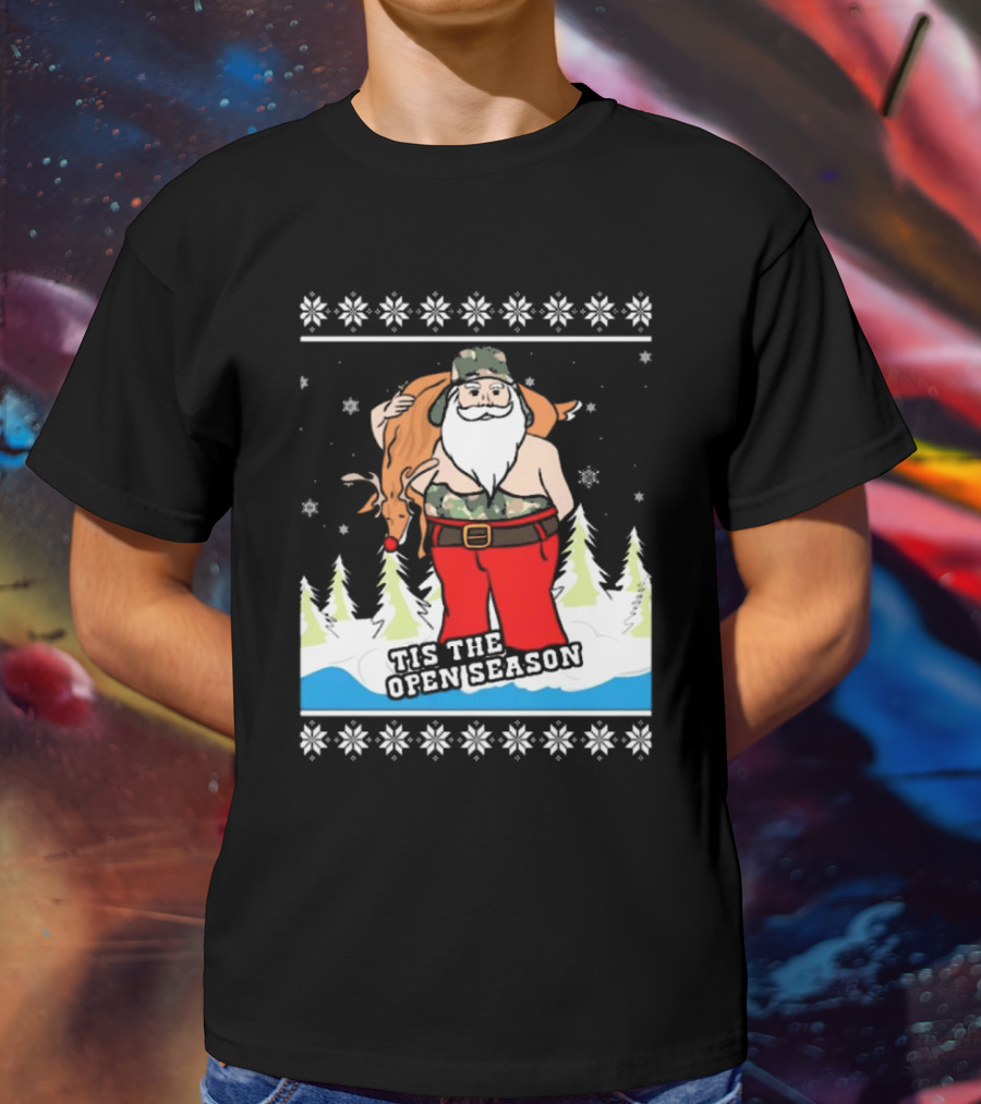 Hunting Santa Tis The Open Season Camouflage Ugly Christmas Sweaters T-Shirt