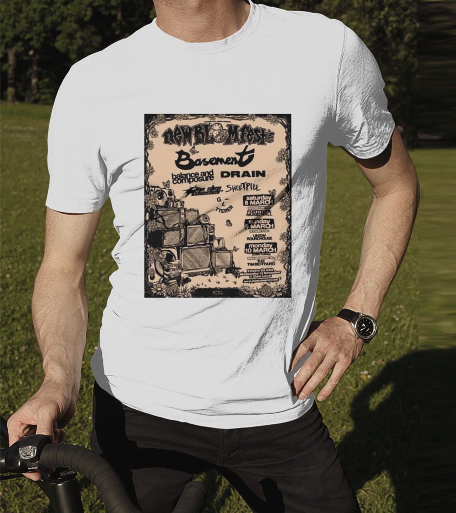New Bloom Fest 2025 Basement Balance And Composure Drain Turnover Live Concert March 8-10 T-Shirt