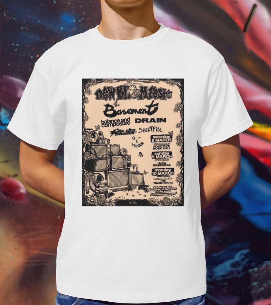 New Bloom Fest 2025 Basement Balance And Composure Drain Turnover Live Concert March 8-10 T-Shirt