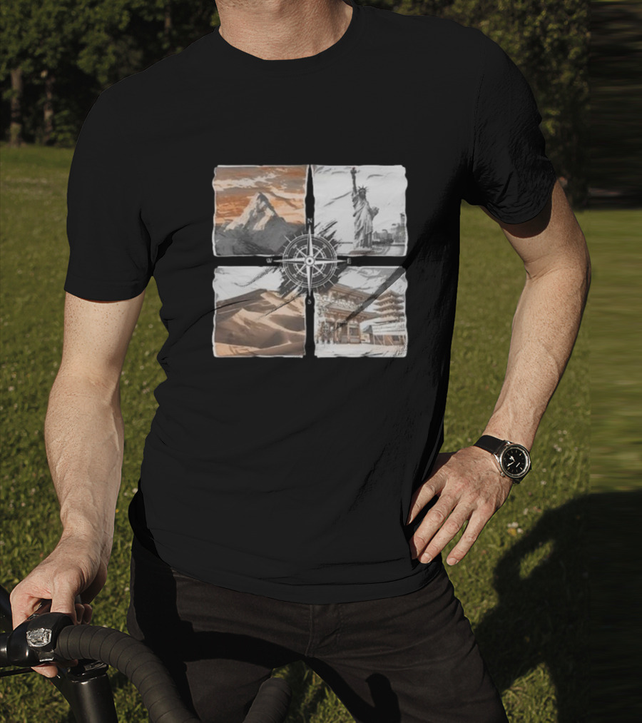 Dads Being Dudes Live Your Life Vintage Mountain Dunes Statue Of Liberty Pagoda Compass T-Shirt