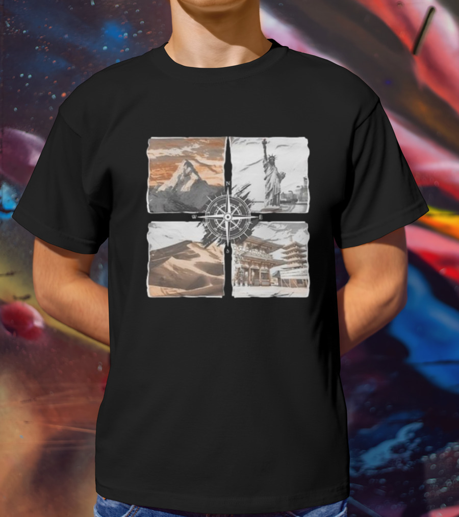 Dads Being Dudes Live Your Life Vintage Mountain Dunes Statue Of Liberty Pagoda Compass T-Shirt