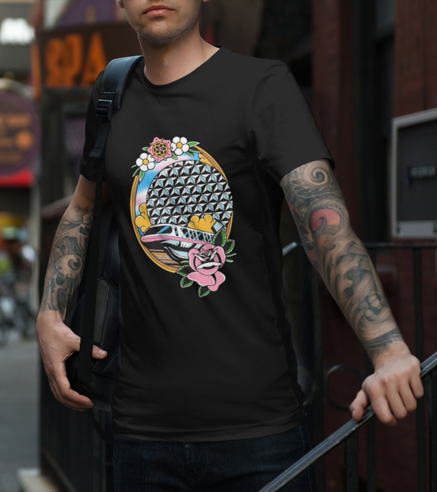 The Lost Bros Monorail Spaceship Earth Tattoo Style Floral T-Shirt