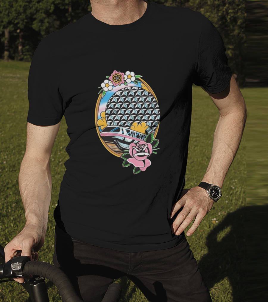 The Lost Bros Monorail Spaceship Earth Tattoo Style Floral T-Shirt