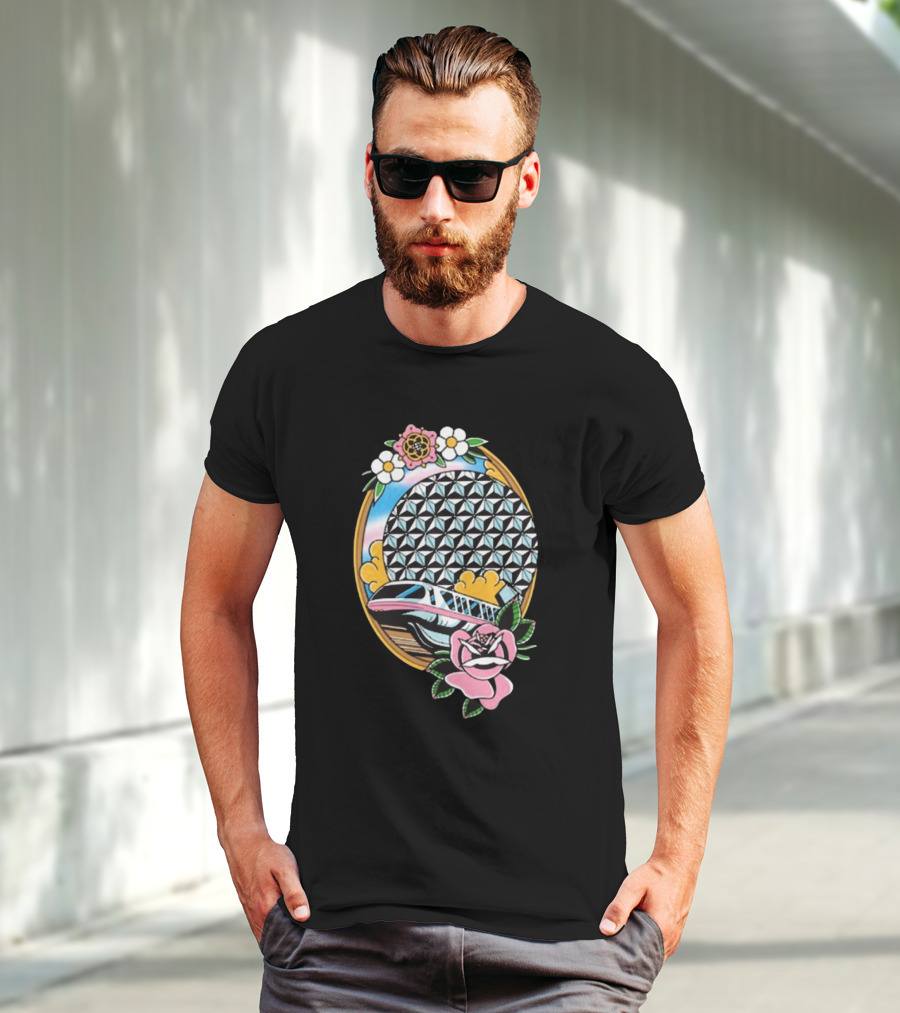 The Lost Bros Monorail Spaceship Earth Tattoo Style Floral T-Shirt