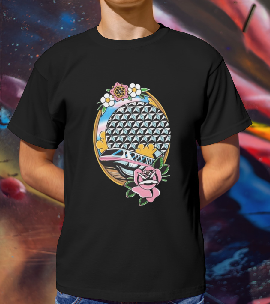 The Lost Bros Monorail Spaceship Earth Tattoo Style Floral T-Shirt