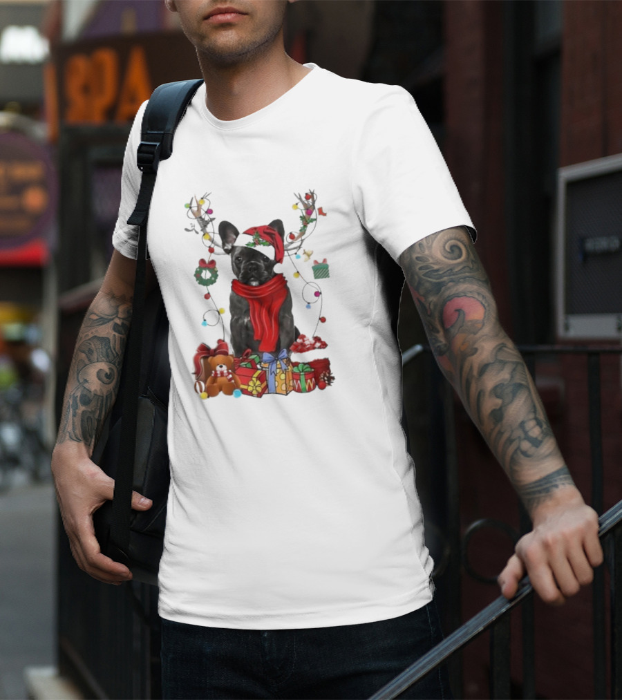 French Bulldog Reindeer Christmas Lights Merry Christmas Wreath Gifts T-Shirt