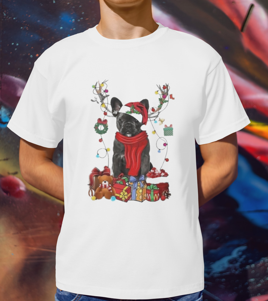 French Bulldog Reindeer Christmas Lights Merry Christmas Wreath Gifts T-Shirt