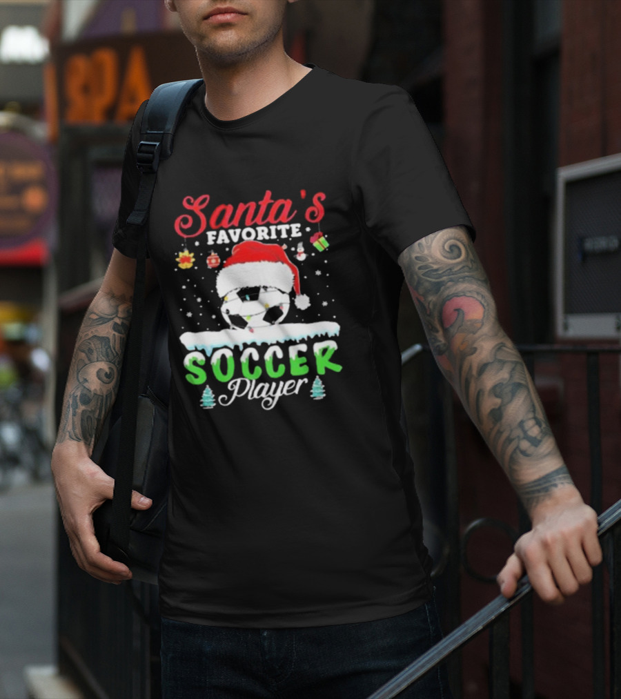 Santa's Favorite Soccer Player Christmas Football Soccer Ball Santa Hat Snowflakes T-Shirt