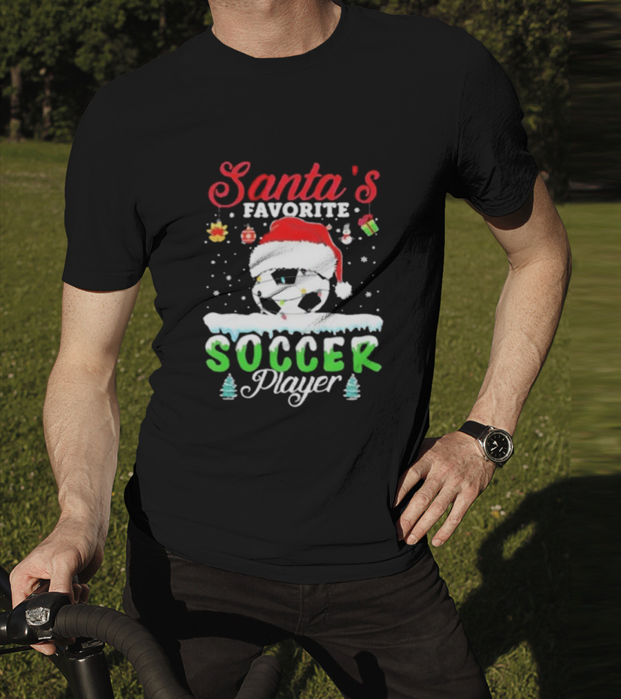 Santa's Favorite Soccer Player Christmas Football Soccer Ball Santa Hat Snowflakes T-Shirt
