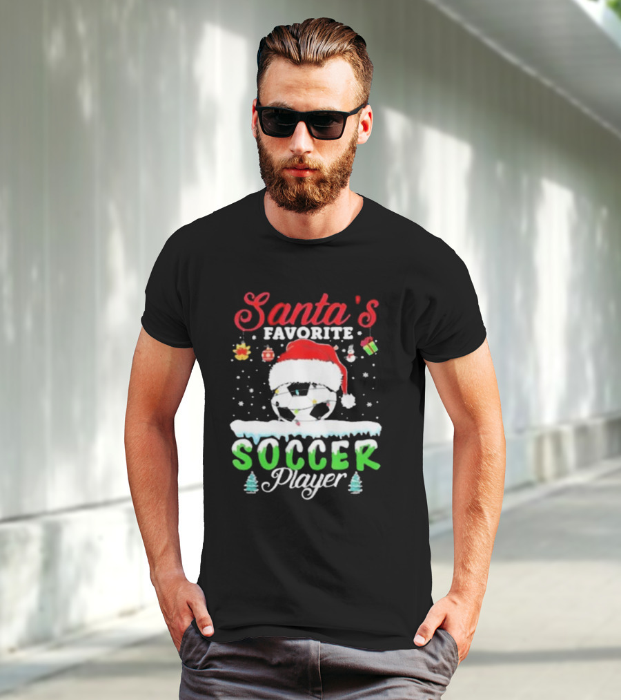 Santa's Favorite Soccer Player Christmas Football Soccer Ball Santa Hat Snowflakes T-Shirt