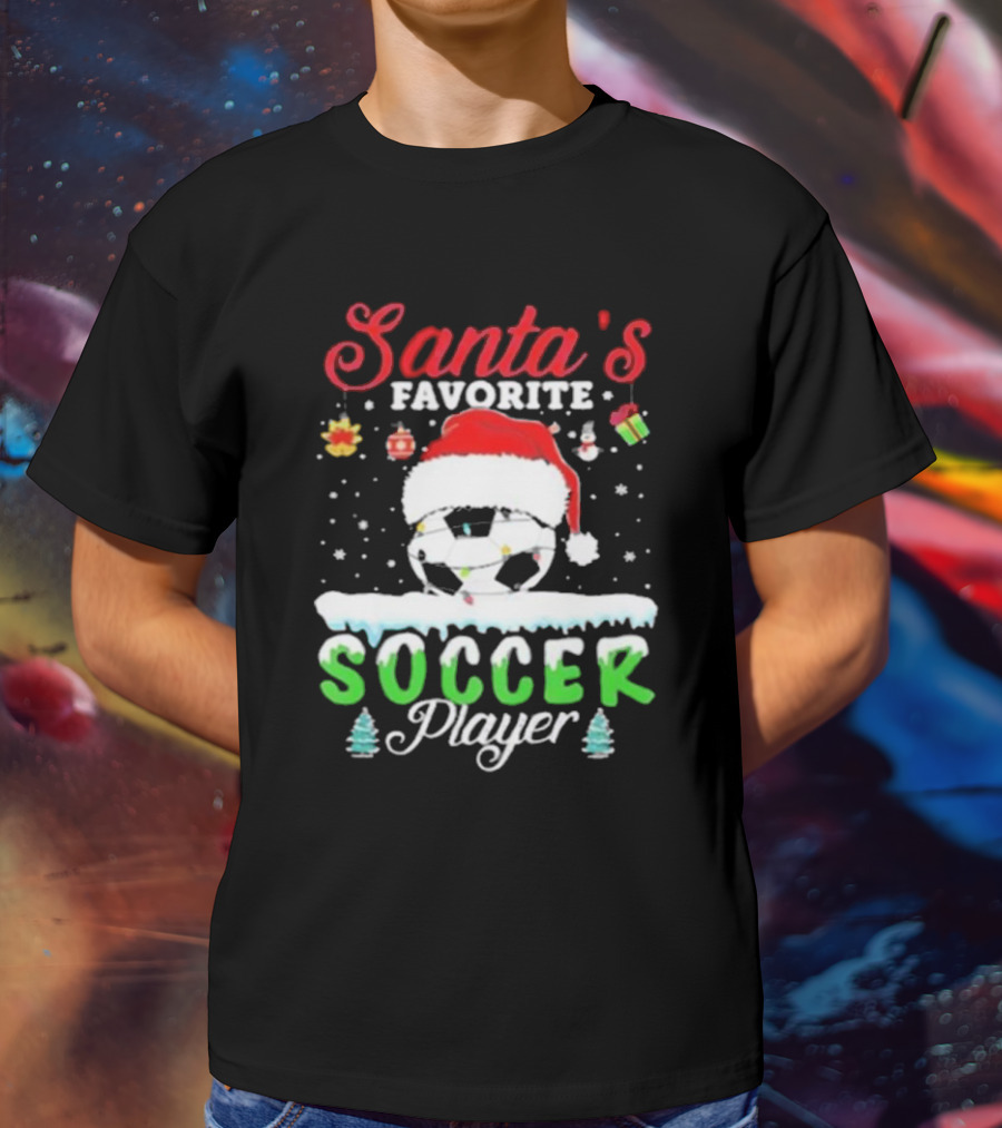 Santa's Favorite Soccer Player Christmas Football Soccer Ball Santa Hat Snowflakes T-Shirt