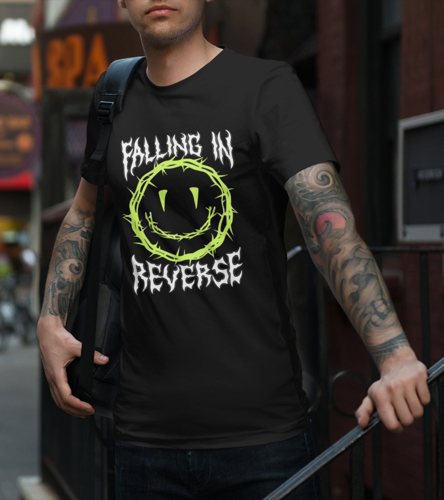 Falling In Reverse Smiley Face With Green Thorn Outline T-Shirt