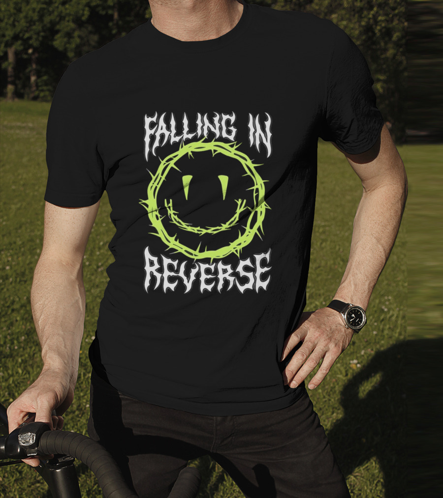 Falling In Reverse Smiley Face With Green Thorn Outline T-Shirt