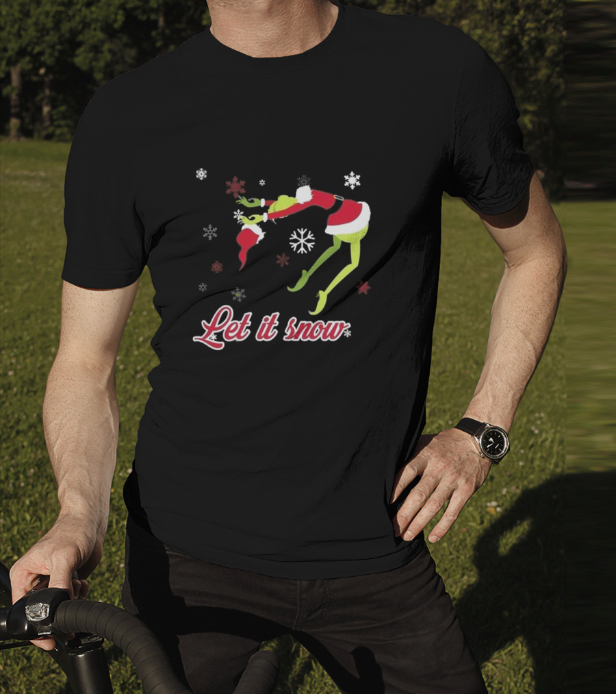 Let It Snow Grinch In Santa Costume With Snowflakes T-Shirt