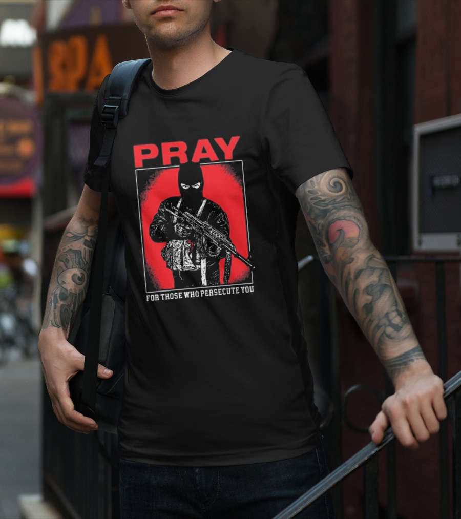 Ritualprintslc Shayne Smith Pray For Those Who Persecute You Masked Figure With Rifle In Red And Black T-Shirt