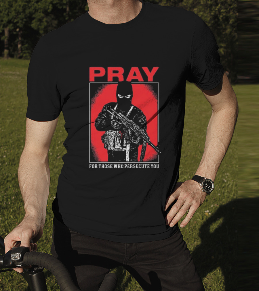 Ritualprintslc Shayne Smith Pray For Those Who Persecute You Masked Figure With Rifle In Red And Black T-Shirt