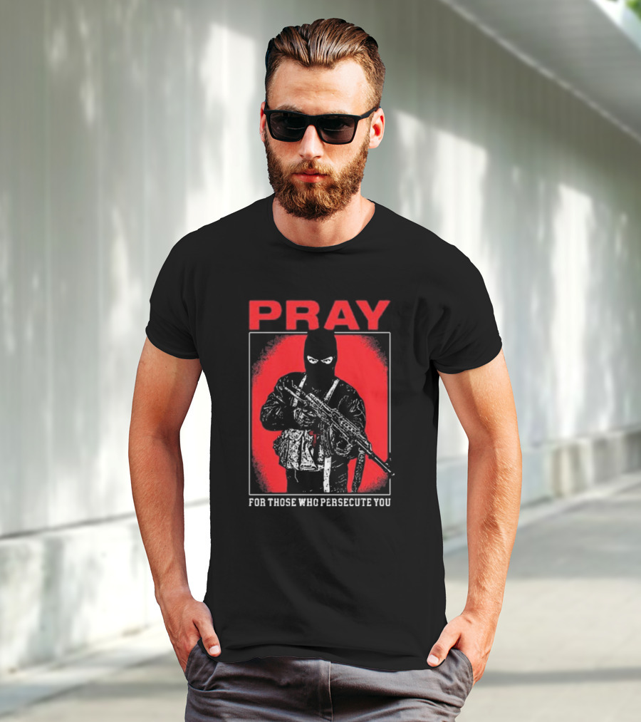 Ritualprintslc Shayne Smith Pray For Those Who Persecute You Masked Figure With Rifle In Red And Black T-Shirt
